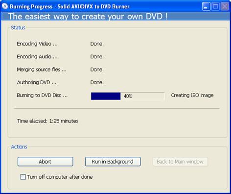 Burning progress of Solid AVI/DIVX to DVD Burner